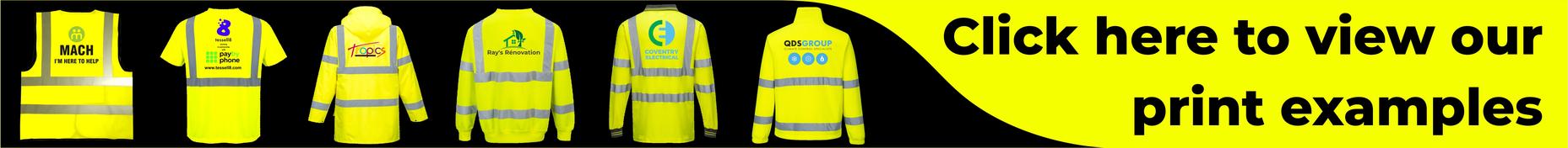 Samples of customised printed hi vis clothing