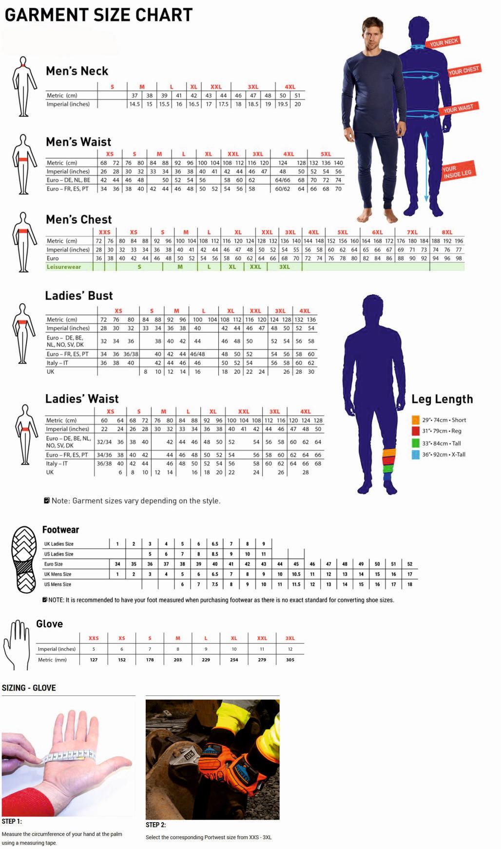 Portwest Coveralls Size Chart