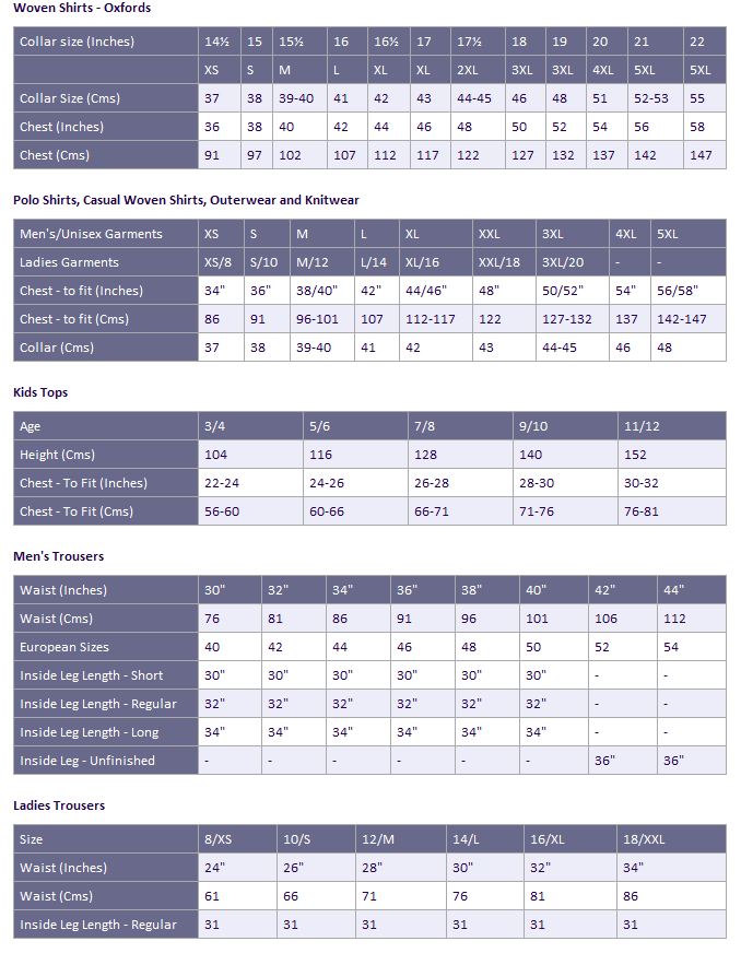 www.hivis.co.uk Size charts