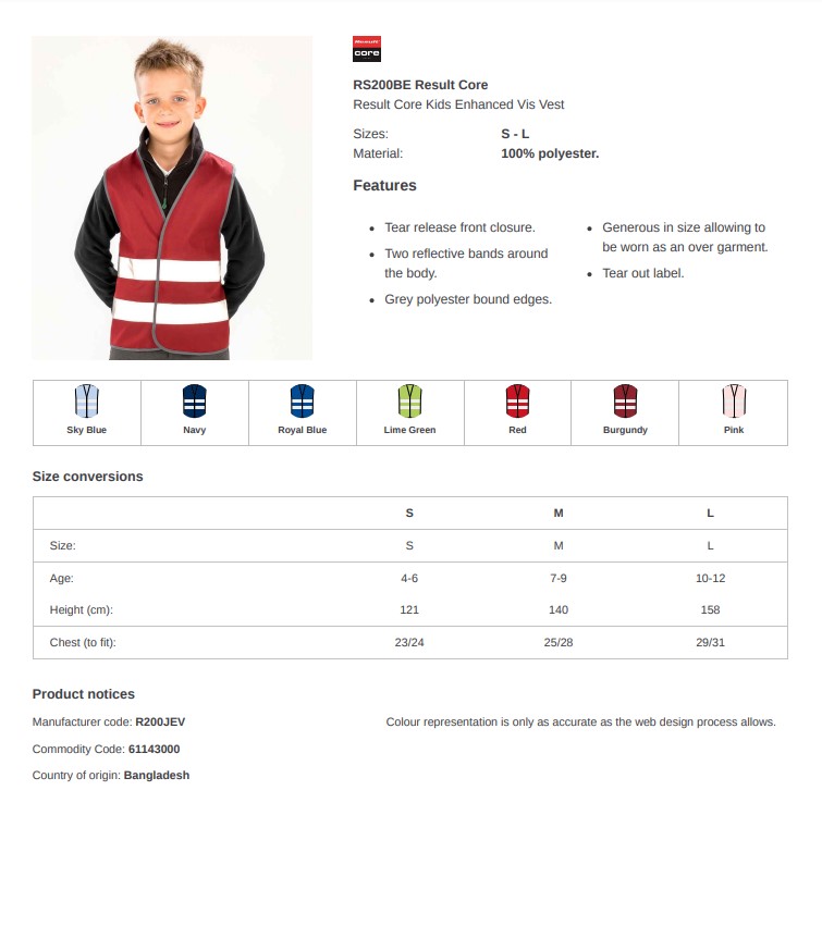 Result kids hi vis vest r200j size chart