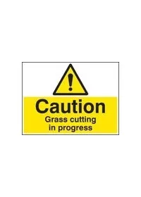 Caution grass cutting in progress sign