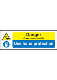 Danger corrosive materials use hand protection sign