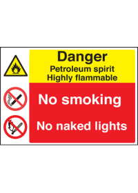 Petroleum spirit/no smoking/naked lights sign