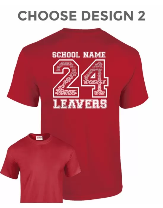 Leavers T-Shirt with students names printed to rear in the number of the year, "Design 2"