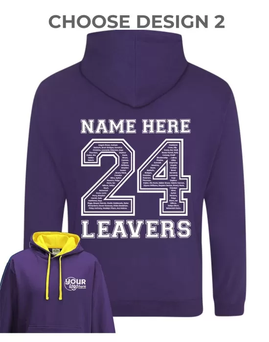 Varsity Leavers Hoodie with students names printed to rear in the number of the year & your logo embroidered to the front, "Design 2"