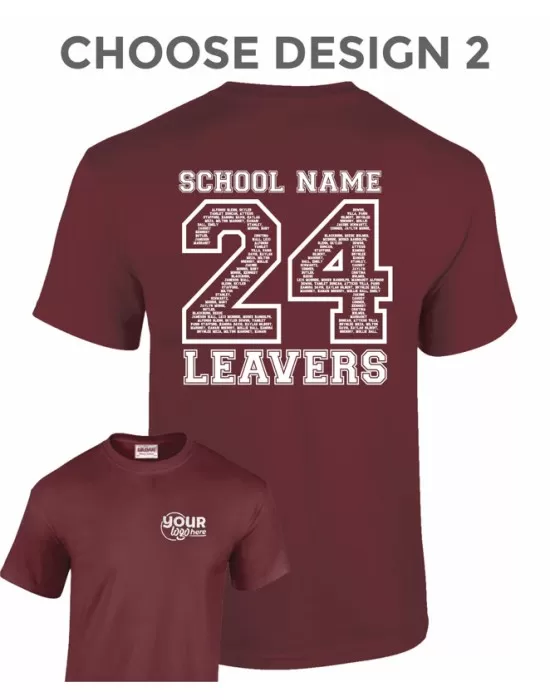 GD05B Kids 05 Leavers T-Shirt with students names printed to rear in the number of the year & your logo embroidered to the front, "Design 2"