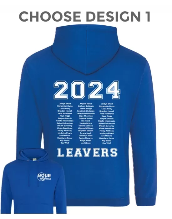 Leavers Hoodie with students names printed to rear in 3 columns & your logo embroidered to the front, "Design 1"