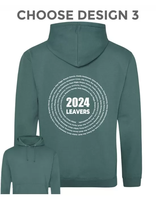 Leavers Hoodie with students names printed to rear in multiple circles, "Design 3"