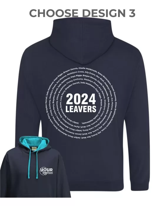 Varsity Leavers Hoodie with students names printed to rear in the number of the year & your logo embroidered to the front, "Design 3"