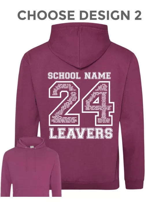 Leavers Hoodie with students names printed to rear in the number of the year, "Design 2"