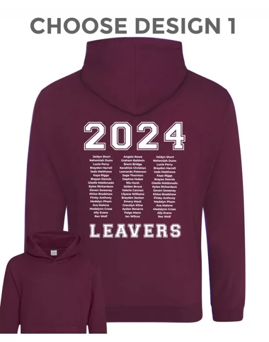 Kids Leavers Hoodie with students names printed to rear in 3 columns, "Design 1"
