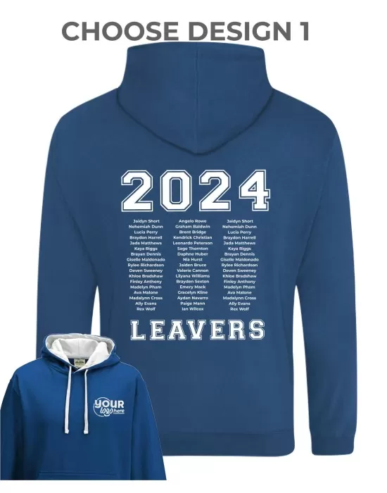 Varsity Leavers Hoodie with students names printed to rear in 3 columns & your logo embroidered to the front, "Design 1"