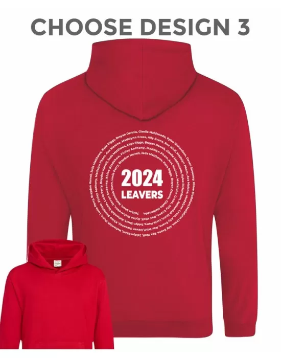 Kids Leavers Hoodie with students names printed to rear in multiple circles, "Design 3"