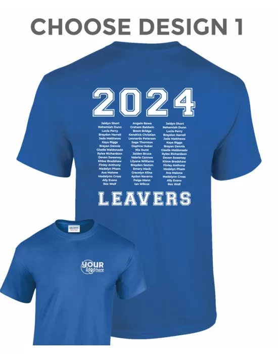 Leavers T-Shirt with students names printed to rear in 3 columns & your logo embroidered to the front, "Design 1"