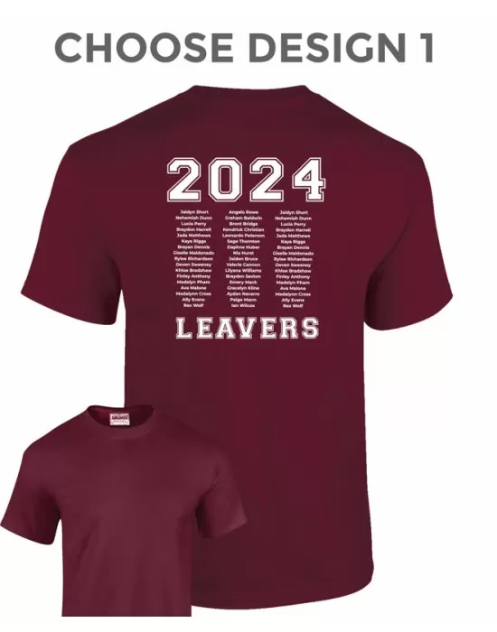 Kids Leavers T-Shirt with students names printed to rear in 3 columns, "Design 1"