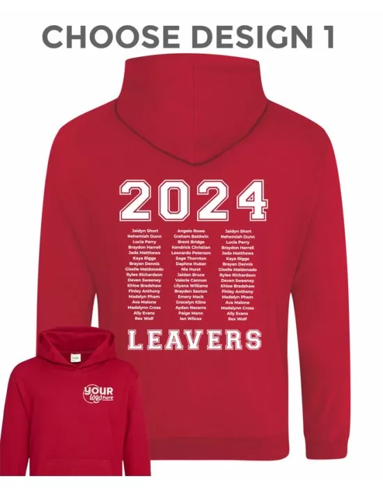 Kids Leavers Hoodie with students names printed to rear in 3 columns & your logo embroidered to the front, "Design 1"