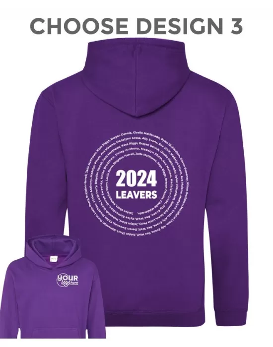 Kids Leavers Hoodie with students names printed to rear in multiple circles & your logo embroidered to the front, "Design 3"
