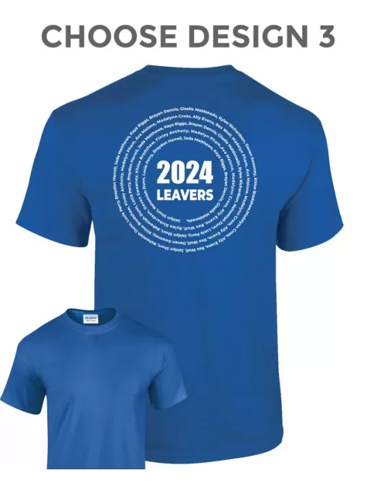 Leavers T-Shirt with students names printed to rear in multiple circles, "Design 3"