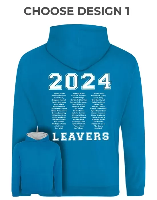 Kids Varsity Style Leavers Hoodie with students names printed to rear in 3 columns, "Design 1"