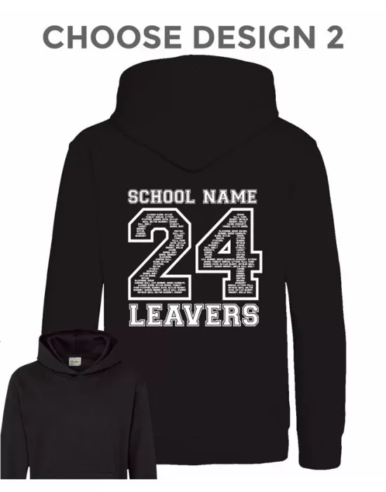 Kids Leavers Hoodie with students names printed to rear in the number of the year, "Design 2"