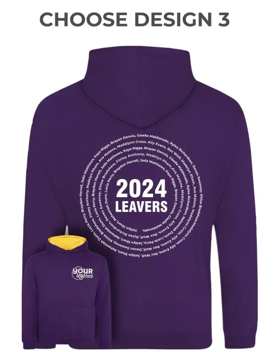 Kids Varsity Leavers Hoodie with students names printed to rear in the number of the year & your logo embroidered to the front, "Design 3"