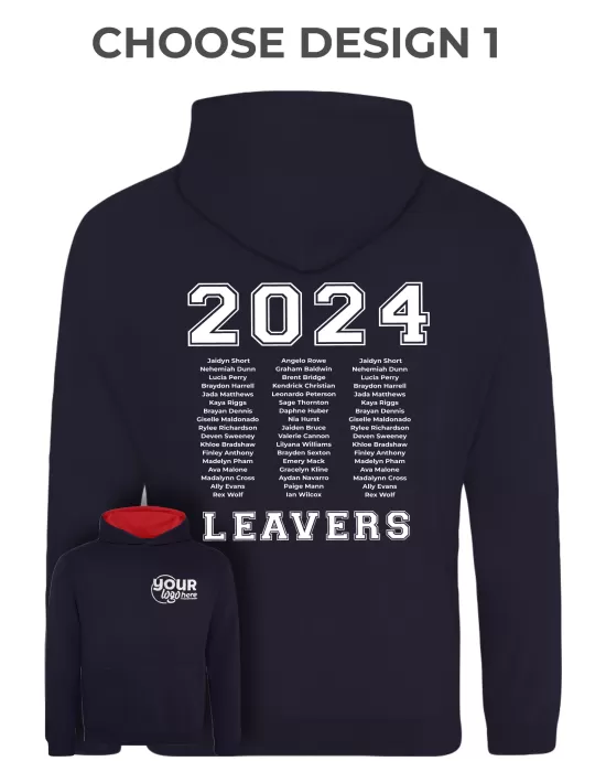 Kids Varsity Leavers Hoodie with students names printed to rear in 3 columns & your logo embroidered to the front, "Design 1"